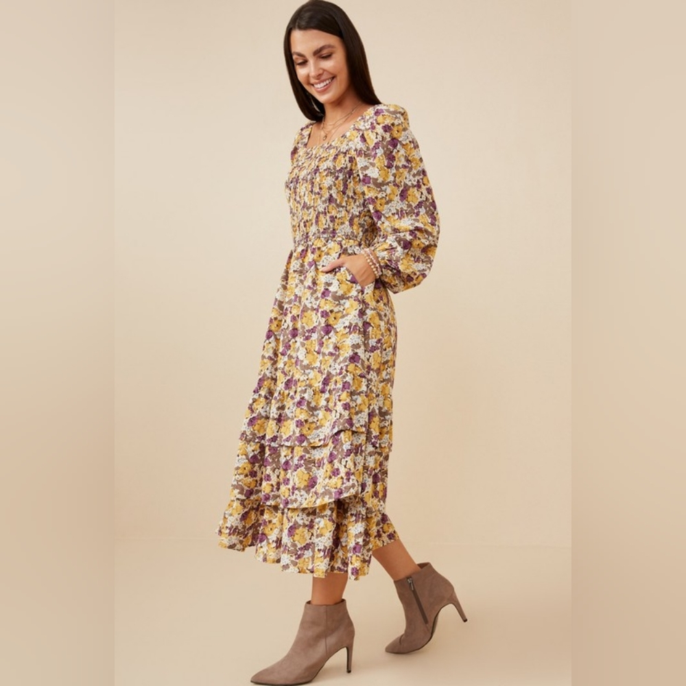 Maternity Dress Long Sleeve Midi Dress Maternity Square Neck - Picture 3 of 5